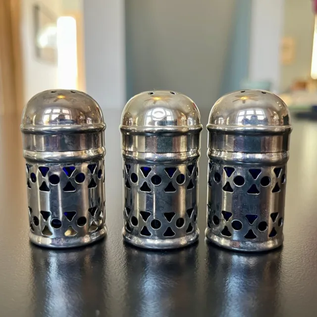Eisenberg-Lozano England EPNS Silver Plate Shakers with Cobalt Insert, set of 3