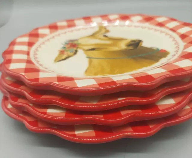 Pioneer Woman Red Gingham Salad Plate Brown Cow Decal 8.75in Ceramic New (4)