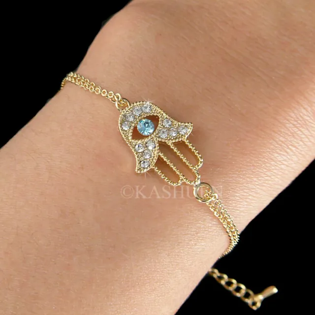 Hamsa Hand Blau Teufelsauge mit Swarovski Kristall Jüdisch Fatima Gold Armband