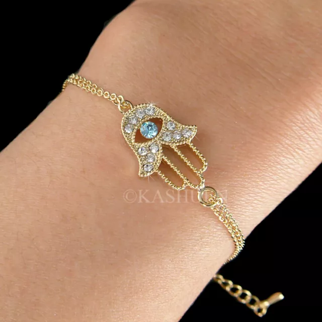 Hamsa Hand Blue Evil Eye made with Swarovski Crystal Jewish Fatima Gold Bracelet