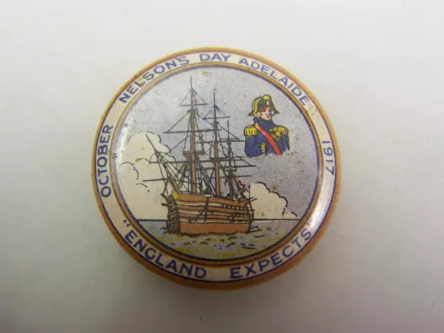 Pin back badge 'Nelsons Day Adelaide' 1917 England Expects                  1366