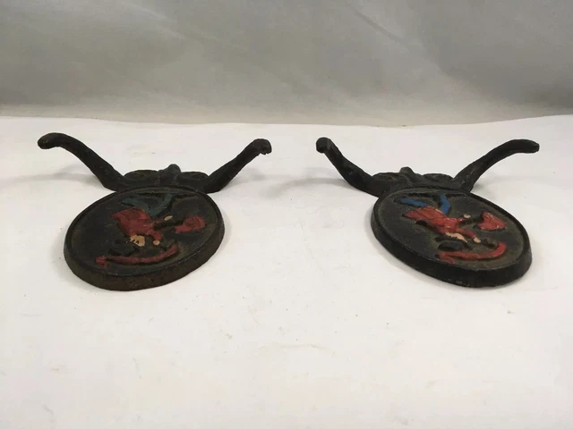 Cast Iron Wall Coat Hooks Top Hat Man Blowing Horn Figure Vintage Set of 2 4