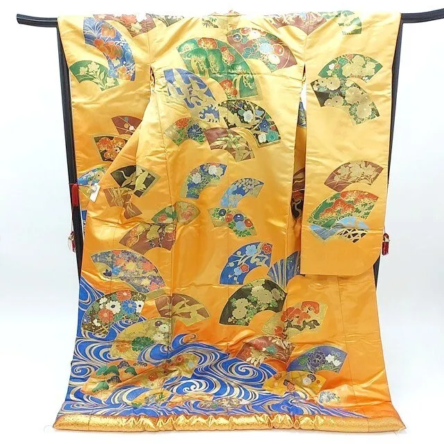 Japanese silk Uchikake Wedding Kimono Luxurious water fan Vintage Gold Blue