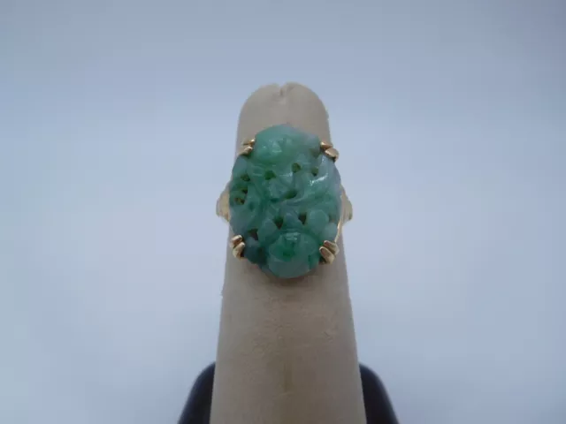 Sweet Antique Chinese Export 14K Solid Yellow Gold Carved Green Jade Stone Ring
