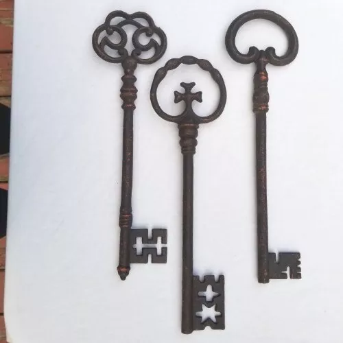 Rustic Cast Iron Skeleton Keys 3PC SET Large Decorative 3" Hanging Wall Decor