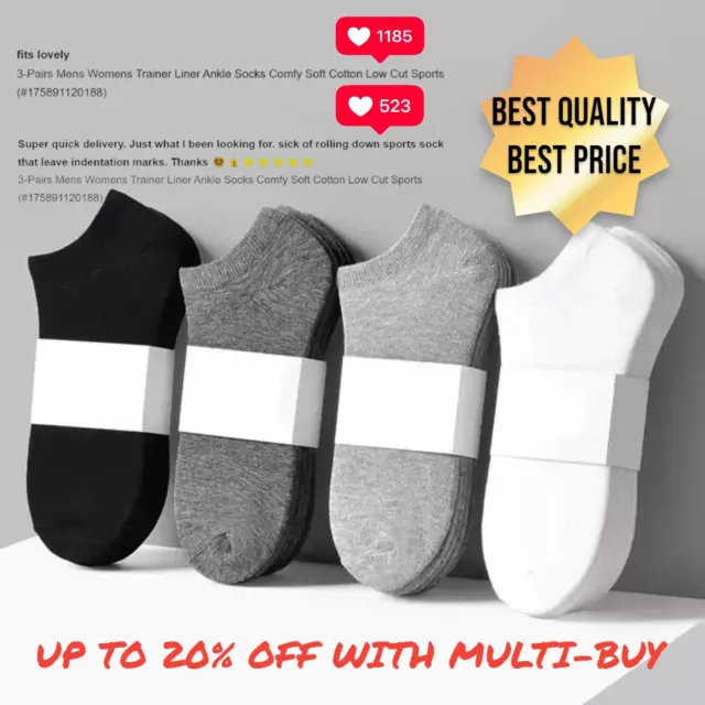 3-Pairs Mens Womens Trainer Liner Ankle Socks Comfy Soft Cotton Low Cut Sports