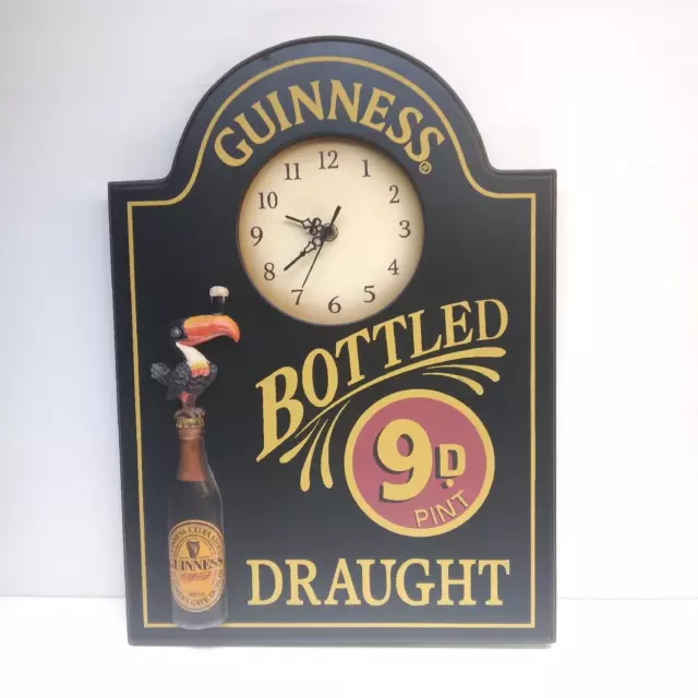 Guinness Bottled 9D Pint Draught Wooden 3-D Clock - Dark Beer Sign 13x18 in VG