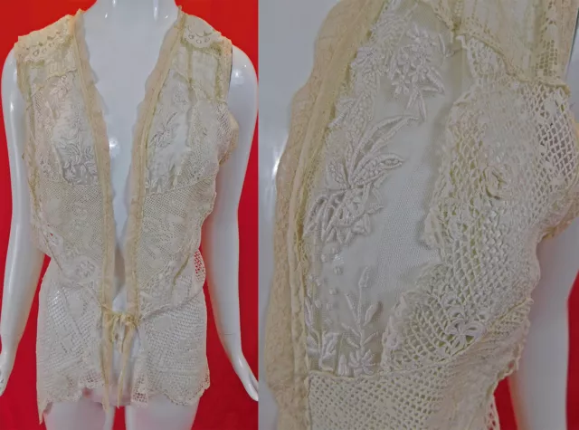 Vintage 1970s Handmade Patchwork Antique White Lace Vest Jacket Boho Blouse Top