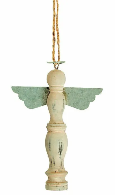 Set of 4 Rustic Shabby Chic Spindle Angel Ornament Wood and Metal  5" x 3.5" New