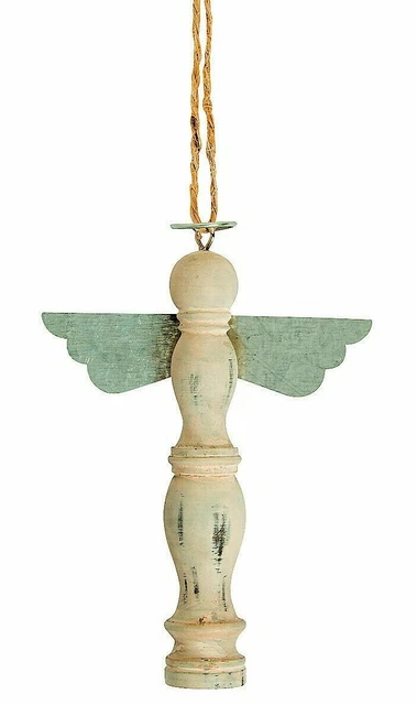 Set of 4 Rustic Shabby Chic Spindle Angel Ornament Wood and Metal  5" x 3.5" New