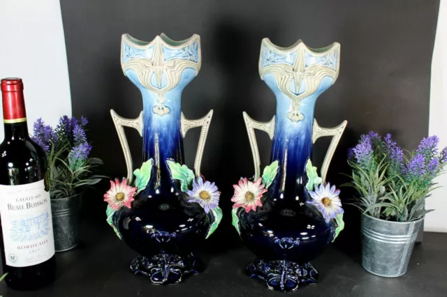 pair antique barbotine majolica Vases floral decor art nouveau