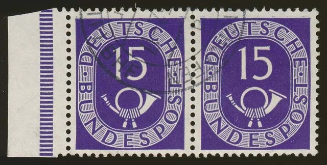 Bund Nr. 129 gestempelt, 15 Pfg. Posthorn waagerechtes Paar mit Rand #109077
