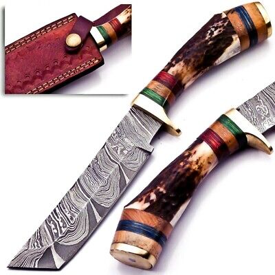 Custom Hand Made Forged Damascus Steel Hunting Bowie Knife handle Deer antler