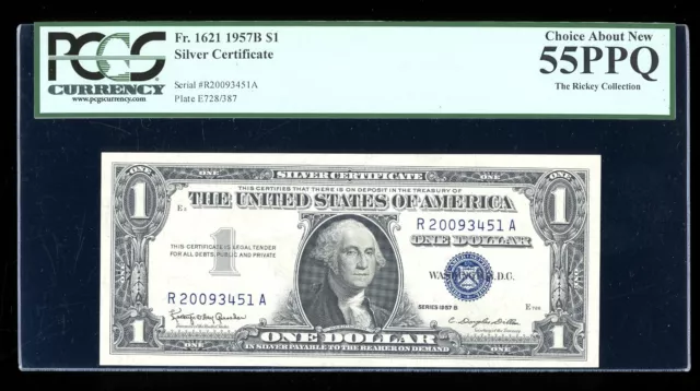 DBR $1 1957-B Silver Fr. 1621 RA Block PCGS 55 PPQ Serial R20093451A