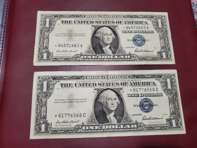 Pair Of STAR NOTES 1957 Series $1 Dollar Silver Certificates With Blue Seals