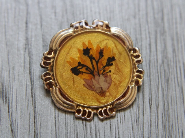 Broche Vintage Plexiglas Avec Inclusion Fleurs Séchées - Années 1960 - Excellent état
