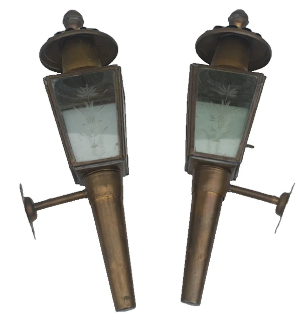 Paire De Lampes Carrosse Anciennes En Acier Et Verre Biseauté - Patine D'époque