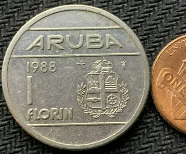 1988 Aruba 1 Florin Coin AU UNC  High Grade ( 566K Minted )  Rare  #K1950
