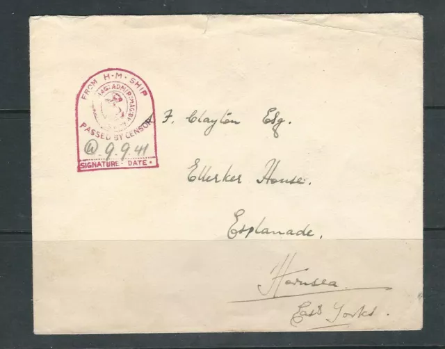 GREAT BRITAIN 1941 UNSTAMPED CENSORED ship cover mailed to HORNSEA