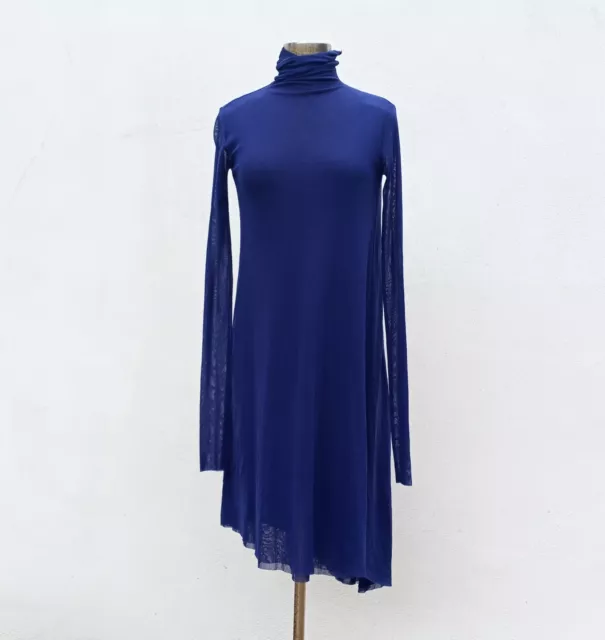 FUZZI Dress XS Jean Paul Gaultier Mock Neck Asymmetrical Mesh Tulle Blue/Purple