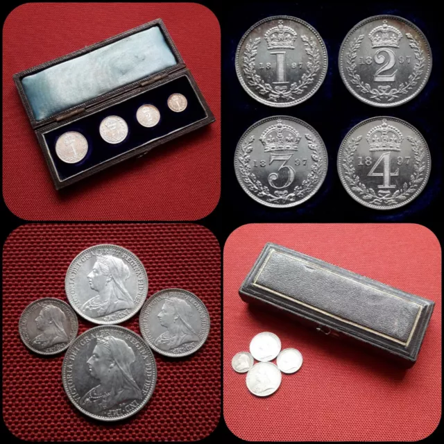 1897 BOXED Queen Victoria STERLING SILVER 4 coin MAUNDY set AUNC/UNC condition