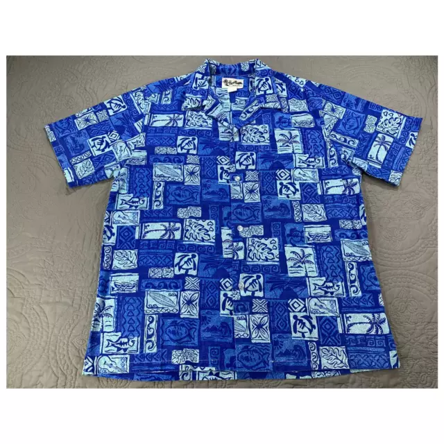 Vintage Howie Hawaiian Shirt Mens Large Blue Floral Island Turtle Palm Tree USA