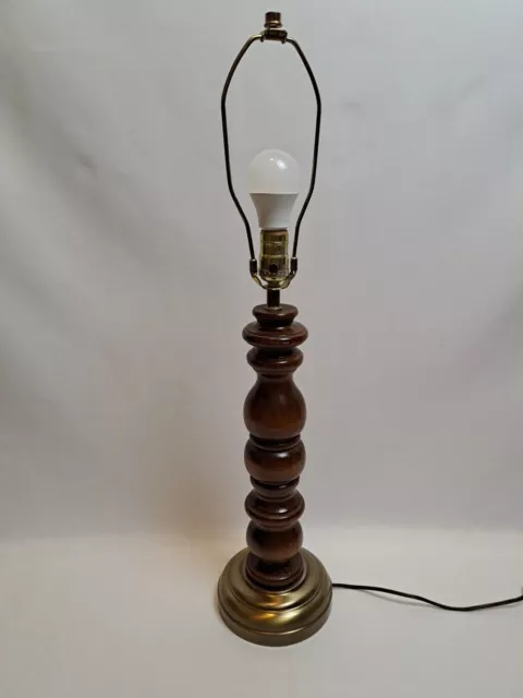 Beautiful Vintage 28.5" Mid Century Modern Thick Dark Wood And Brass Table Lamp.