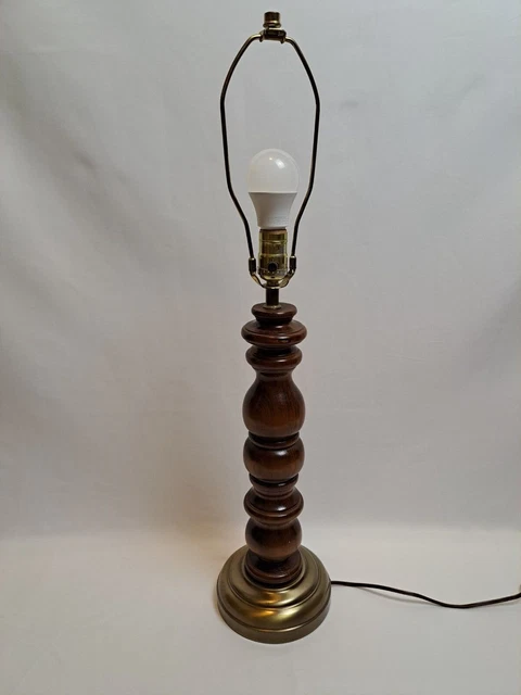 Beautiful Vintage 28.5" Mid Century Modern Thick Dark Wood And Brass Table Lamp.