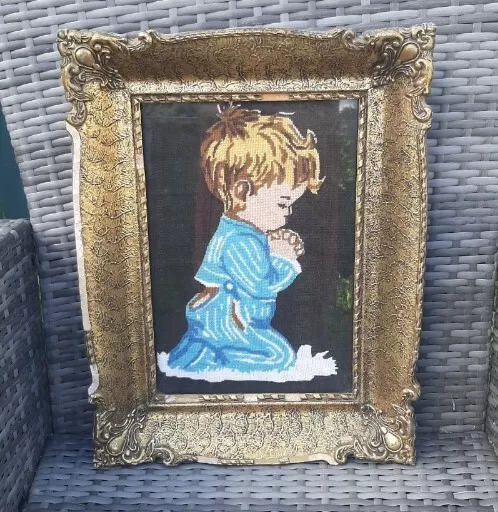 Large VINTAGE Needlework Tapestry Art Completed & Framed - Praying Boy Child