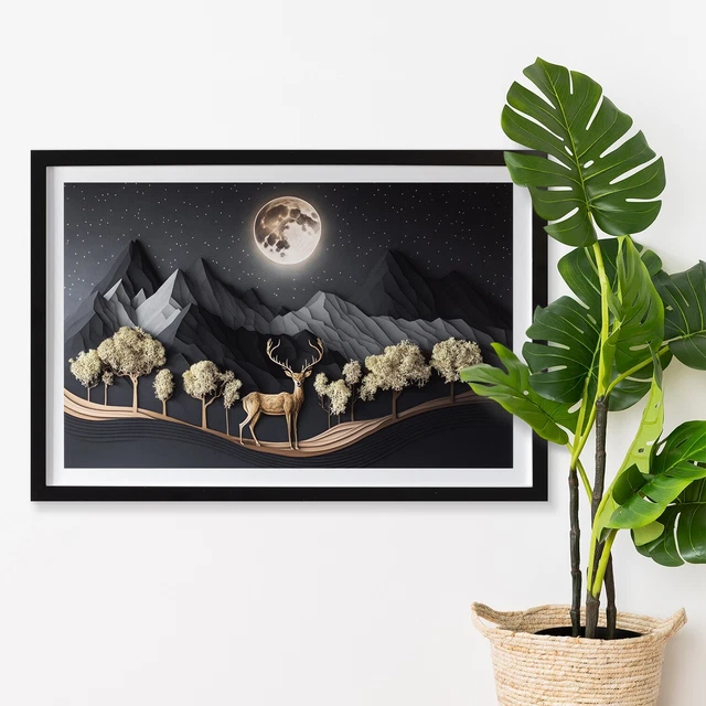 Decorazione da Parete Muschio Cornice MDF nero 60x40 cm- Cervo con la luna
