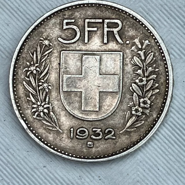 SUISSE, pièce de 5 Francs tête de Berger 1932 B en ARGENT / SILVER