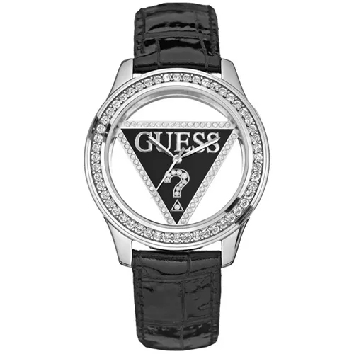 NEW GUESS SILVER+BLACK LEATHER BAND+CRYSTALS w/ LOGO CUTOUT DIAL WATCH -U95114L2