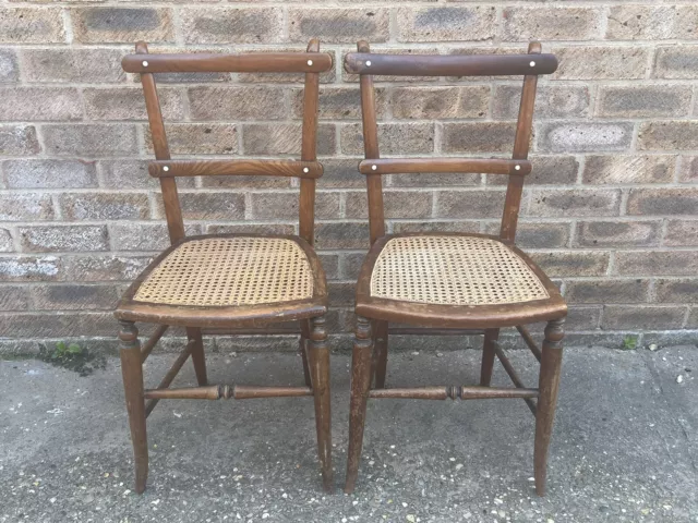 Pair 2 Beautiful Antique Victorian Wooden Cane Bow Back Chairs - Lounge Bedroom