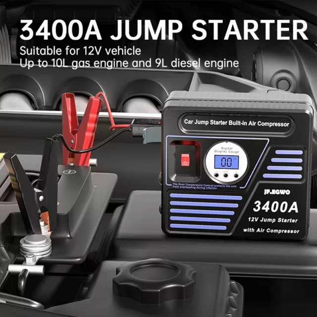JFEGWO 3400A 30000MAH Car Jump Starter 150PSI Air Compressor Battery ...