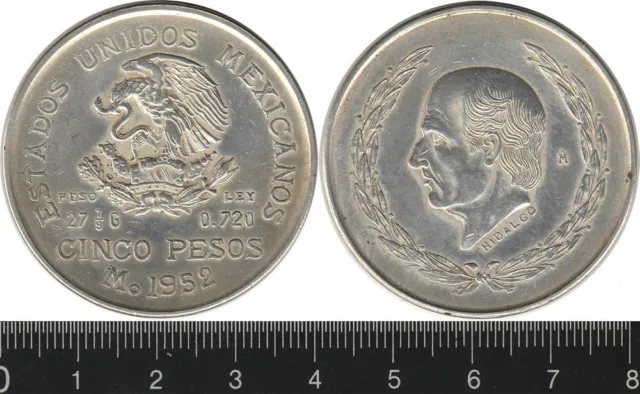 Mexico: 1952 Mo Cinco Pesos Hidalgo silver 5 Pesos