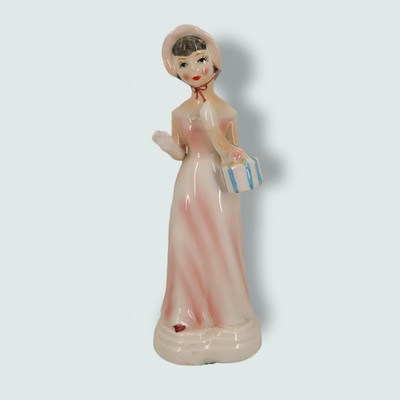 Vintage Lefton Lady In Pink W/ Bonnet Blue Purse Figurine 6.5"