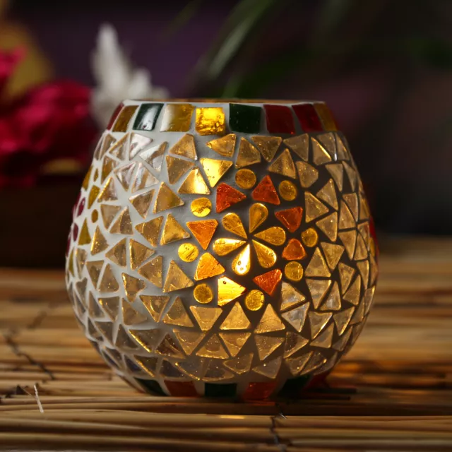 Windlicht Teelichthalter Teelichtglas Kerzenhalter Mosaik Glas Kugel 11cm weiß