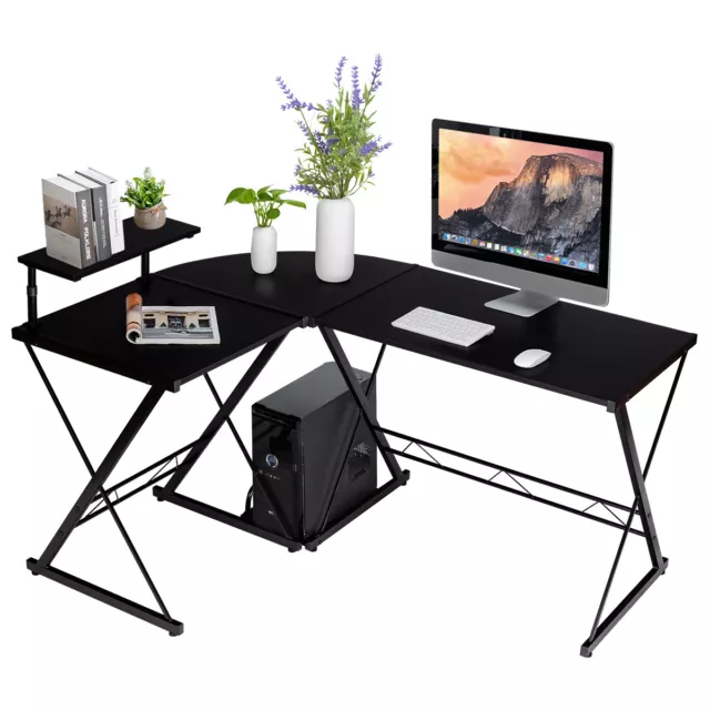 L-Shaped Corner Computer Desk PC Table Workstation W/ Monitor Stand & Host Tray