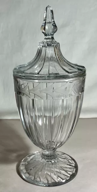 Heisey Crystal Etched Recessed Panel 10 3/8" 1 lb. Candy Jar With Lid