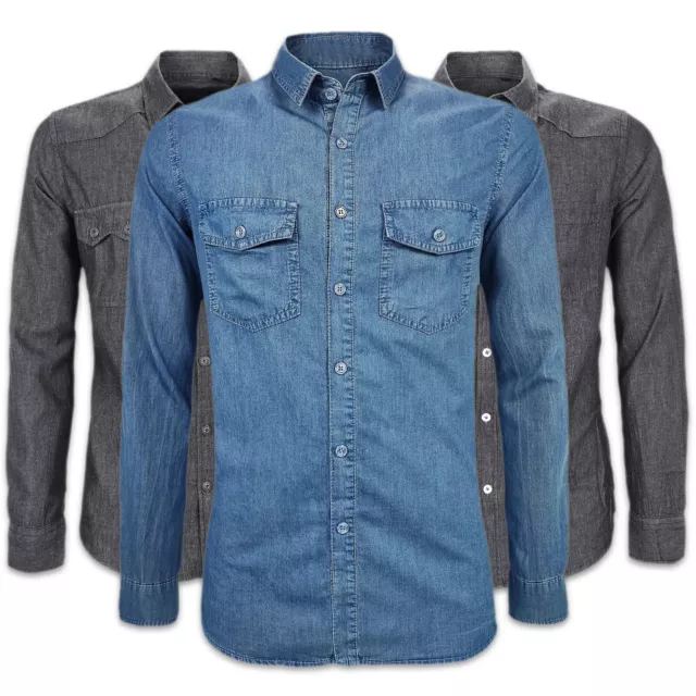 Chemise Homme De Jeans 100% Coton Manches Longues Casual Denim Bleu Veque