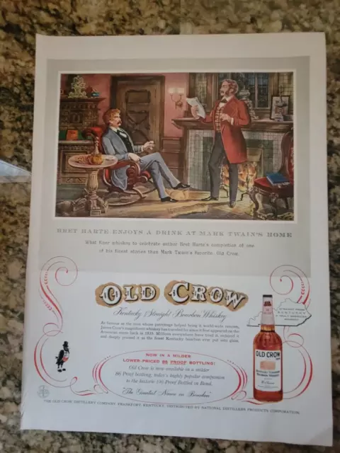 1958 Old Crow Bourbon Whiskey Ad Bret Harte Enjoys a Drink at Mark Twain's Home!