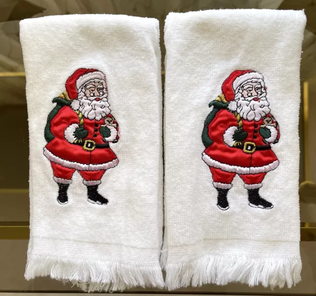 2 Christmas Santa Hand Towels Beautifully Embroidered Red Satin Santa