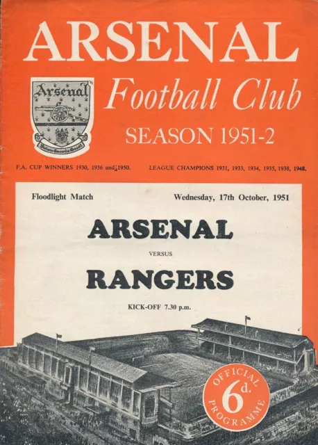 ARSENAL v Glasgow Rangers (Friendly) 1951/1952 - Football Programme