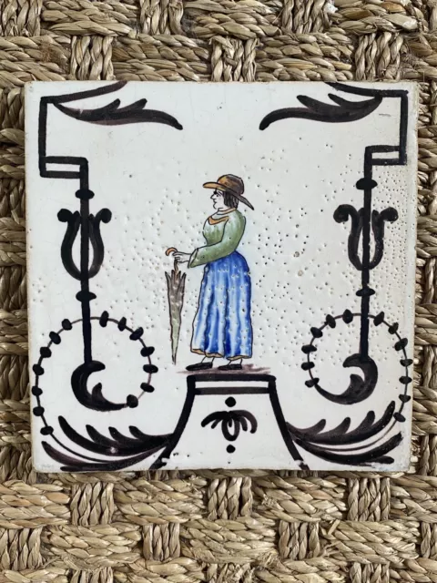VINTAGE French QUIMPER tile with lady with umbrella 12.5cm