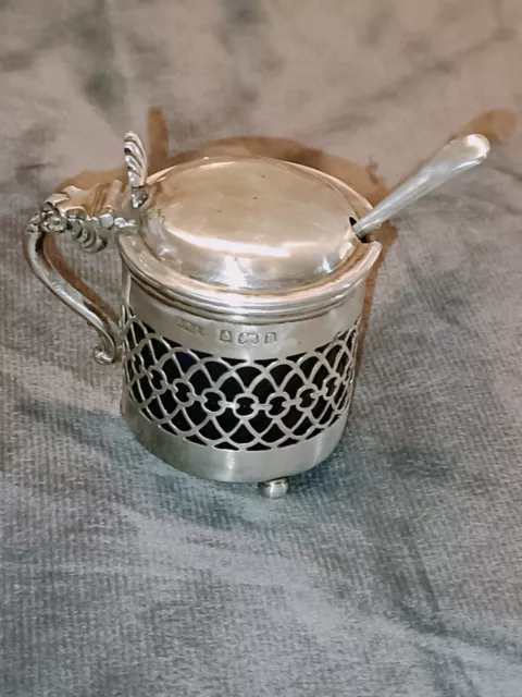 Victorian Sterling Silver Pierced Mustard Pot And Spoon With Liner.