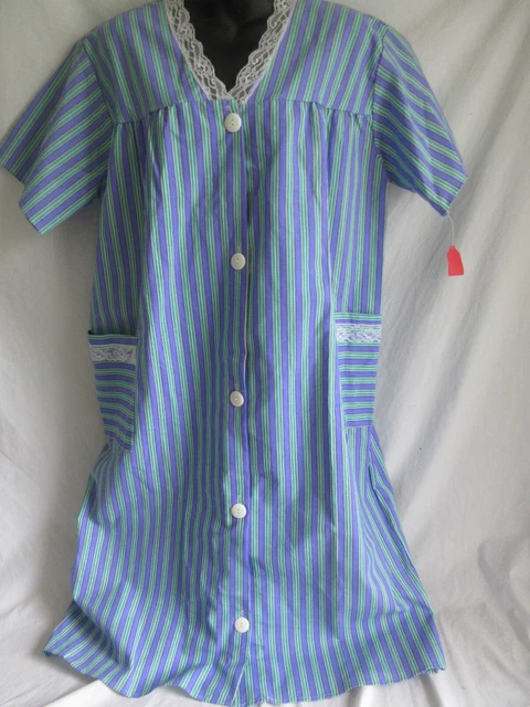 Vtg Lovelys Housecoat Dress Pockets Lace Button Cotton Poly Sz L Striped USA