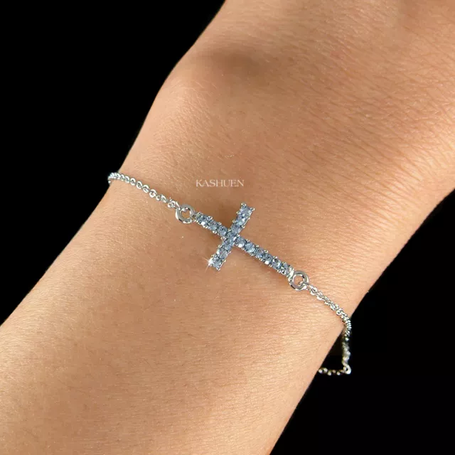Blau Zierliche Seitliche Kreuz mit Swarovski Kristall Religiös Kette Armband