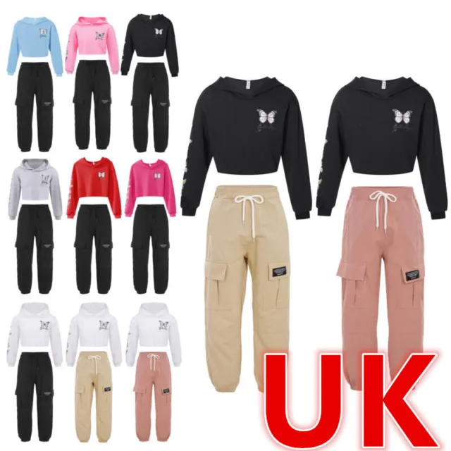 UK Kids Girls Hoodie Sweatshirt Pullover Crop Top with Jogger Cargo Trousers Set