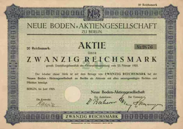 Neue Boden AG 1925 Berlin Dresden Königsberg Preußen Pankow Heinersdorf 20 RM #