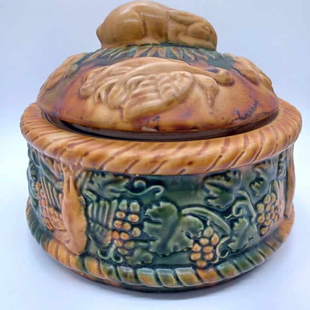 Rabbit Bunny Birds Game Casserole Tureen Majolica Bisque Caneware Round Lidded